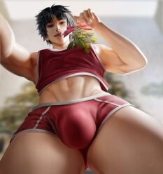 big_ass big_balls big_legs big_pecs big_penis black_hair blowjob christmas_outfit christmas_tree cornered crouched gay horny_male looking_down male males_only mistletoe muscle muscular_arms muscular_male penis pervert red_clothing