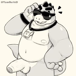 1boy anthro balls beach big_penis brawl_stars buzz_(brawl_stars) crocodile dinosaur glasses looking_at_viewer male male_only penis scalie tombutad