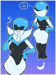 back_view big_ass big_breasts blue_lipstick clueless deltarune front_view gloves heels latex laughing looking_at_viewer queen_(deltarune) thick_thighs thighs