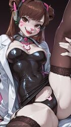 1girl ai_generated blonde_hair blue_eyes breasts covered_nipples d.va decurse flower furry jacket large_breasts long_hair navel overwatch panties ponytail solo underwear