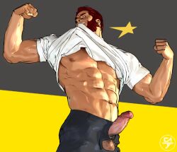 1boy balls bara beard biting_shirt boner doosoo erection facial_hair fate/zero fate_(series) flexing gay iskandar_(fate) lifting_shirt male male_only muscles muscular open_fly penis red_hair rider shirt_lift solo solo_male