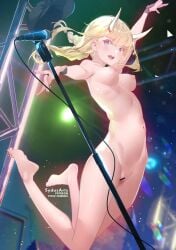 1girls bar_censor baseball_cap black_headwear blonde_hair braid braided_hair breasts censored female female_only jumping microphone naked on_stage oni_horns paripi_koumei pussy solo stage tsukimi_eiko