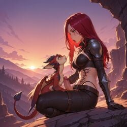 1girl ai_generated belt black_gloves black_jacket dragon erect_penis erection futanari green_eyes high_resolution highleg_panties highres katarina_du_couteau katresu league_of_legends oral_invitation penis red_body red_hair scar_across_eye scar_on_face seductive seductive_look smolder_(league_of_legends) sunset tattoo