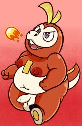 2022 anthro balls belly fire fuecoco genitals hi_res male navel nintendo overweight penis pokémon_(species) pokemon pokemon_sv red_body sinribbons solo video_games