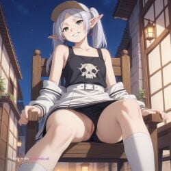 1girl ai_assisted ai_generated baseball_cap beautiful black_shorts black_tank_top dark day dress elf general grayscale green_eyes grin head_tilt high_contrast highres indoors light_smile looking_at_viewer mexico midriff night no_nose off_shoulder outdoors perfect_anatomy pointy_ears pussy sharp_teeth silver_hair sitting_on_chair skull_print slit_pupils smug socks sousou_no_frieren street town twintails upskirt_view white_hair