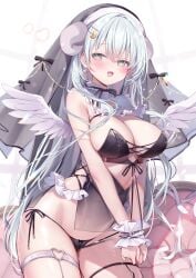 1girl ame_usari angel_wings aqua_hair between_labia blush bondage bow_panties bra breasts clothed collar detached_collar frilled_collar frilled_wrist_cuffs frills hair_ornament highres horn large_breasts long_hair nun nun_outfit nun_veil original panties side-tie_panties straight_hair string_panties thigh_strap tied_hands wedgie wings wrist_cuffs