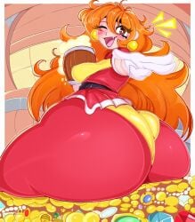 abuhashbrown alternate_ass_size alternate_breast_size ass beer_mug beer_stein breasts drunk earrings fang headband huge_ass lina_inverse long_hair looking_at_viewer looking_back one_eye_closed orange_hair red_eyes sitting slayers treasure white_gloves wink