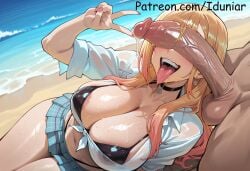 1boy 1girl ai_generated areola_slip bangs beach bikini black_bikini black_choker blonde_hair blue_skirt blush breasts choker cleavage clothed_female_nude_male dark-skinned_male day earrings erection hetero iduniar jewelry kitagawa_marin large_breasts large_penis long_hair marin_kitagawa multicolored_hair my_dress_up_darling navel nude open_mouth outdoors penis penis_on_face piercing pleated_skirt shirt skirt smile solo_focus sono_bisque_doll_wa_koi_wo_suru swimsuit testicles tied_shirt tongue tongue_out uncensored v veins veiny_penis water wet wet_clothes white_shirt