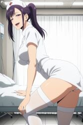 1girl :d ai_generated ass bed breasts curtains digitalwaifugallery dress hat hi_res high_quality high_resolution hospital hospital_bed indoors large_breasts long_hair looking_at_viewer nurse nurse_cap open_mouth panties pantyshot patreon ponytail purple_eyes purple_hair seductive sexy short_sleeves smile solo solo_leveling sung_jin-ah thighhighs thighs uncensored underwear watermark white_panties white_thighhighs