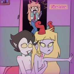 1boy 1boy2girls 2girls bedroom bite_mark blonde_hair brown_hair caught_in_the_act caught_naked daughter demon grabbing_from_behind hand_on_wall horns mother_and_father naked neck_bite original_character penetration sex sex_from_behind strawberry_blonde_hair surprised vampire vampires_hell