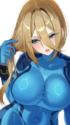 1girl absurdres big_breasts blonde_hair blue_bodysuit blue_eyes blue_gloves blush blush_lines blushing bodysuit bracelet bracelets breasts commentary_request gloves hair_ornament hair_scrunchie highres large_breasts long_hair metroid mole mole_under_mouth nintendo parted_lips samus_aran scrunchie simple_background skin_tight solo untying_hair white_background yasaikakiage zero_suit zero_suit_samus