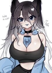 1girls :p bangs beverage beverage_can big_breasts black black_hair black_inner_ear black_inner_ear_fluff black_shorts blue_eyes blue_sweater bone_collar_tag brown_hair canid canid_humanoid canine canine_humanoid child_bearing_hips choker eyeshadow facial_markings female female_focus female_only grey_hair hair_between_eyes hair_ornament indie_virtual_youtuber indie_vtuber light-skinned_female light_skin long_hair long_sleeves makeup multicolored_hair object_between_breasts oka_(okaree) okaree sports_bra sticking_out_tongue thick_thighs vtuber vtuber_persona watermark white_background white_hair wide_hips wolf wolf_ears wolf_girl wolf_humanoid wolf_tail