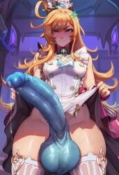1girl 2026 2d absurd_res absurd_resolution absurdres ahoge ai_generated anger_vein blonde_hair blue_eyes blush breasts closed_mouth clothes_lift dress dress_lift erection escoffier_(genshin_impact) futanari genshin_impact hi_res high_quality high_resolution highres huge_penis huge_testicles hydraulicmatingpress image large_penis large_testicles lifted_by_self long_hair looking_at_viewer medium_breasts patreon patreon_username penis precum solo testicles thighhighs uncensored uncensured veins veiny_penis white_dress white_thighhighs