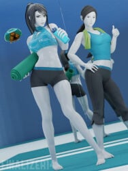 2girls 3girls abs barefoot bike_shorts black_hair bottle breasts capri_pants clothing colored_skin cosplay crop_top drone exercise female finalizer14 full_body grey_eyes grey_skin hand_on_own_hip long_hair medium_breasts metroid metroid_(creature) midriff mirror multiple_girls navel pants ponytail reflection samus_aran shorts spandex sports_bra sportswear tank_top thumbs_up toned towel towel_around_neck water_bottle white_skin wii_fit wii_fit_trainer wii_fit_trainer_(female) yoga_mat yoga_pants