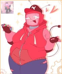 chubby chubby_female elbow_sleeve fingerless_gloves forsaken forsaken_(roblox) holding_can reference_image ripped_pants sweater tv_head tv_head_robot veeronica veeronica_(forsaken) winking_at_viewer winking_eye wire_tail zipper_pull_tab
