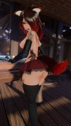 ass breasts elbow_gloves female female_only fox_ears fox_girl fox_tail nude nude_female red_eyes red_hair seductive sideboob skirt tattoo teasing thighhighs vr vrchat vrchat_avatar vrchat_media