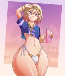 1boy aeltrix armwear background blonde_hair blue_shirt blush bottomless bracelet bulge crop_top drink femboy girly grand_theft_auto_vi gta_vi_cover_girl hips hoop_earrings light-skinned_male long_fingernails looking_at_viewer male male_only necklace original_character pink_hair purple_eyes purple_nails seth_(aeltrix) shirt smile sunglasses sunglasses_on_head thick_thighs thighs thong tongue wide_hips