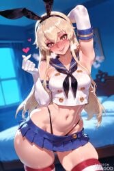 1girls ai_generated animal_ears arm_behind_head armpits arzagod ass bedroom big_ass big_butt black_neckerchief black_thong blonde_hair blue_sailor_collar blurry blurry_background blush breasts breath brown_eyes bunny_ears butt collar collarbone contrapposto crazy_eyes crop_top curvy day dutch_angle elbow_gloves female finger_heart gloves hairband hand_up head_tilt heart heart-shaped_pupils heavy_breathing hips huge_ass huge_butt indoors kantai_collection legs_apart legwear lips long_hair looking_at_viewer medium_breasts microskirt naughty_face navel neckerchief nervous_smile nose_blush parted_lips pleated_skirt pupils rabbit_ears sailor_collar shimakaze_(kancolle) shimakaze_(kantai_collection) shiny_skin skindentation skirt smile solo solo_female stable_diffusion standing striped_thighhighs tagme thick_thighs thighhighs thighs thong underwear white_elbow_gloves wide_hips wide_thighs yandere yandere_trance yellow_eyes