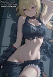 1girl 2025 2026 4k absurd_res absurdres ai ai-created ai-generated ai_art ai_assisted ai_generated alphai anime black_short blonde_hair blushing cinematic_lighting cleavage close-up closeup colorful_background depth_of_field detailed_hair detailed_skin detailled_background discarded_clothes dramatic_shadows eyelashes eyeliner female_face female_only hair_between_eyes high_quality high_resolution highres hoyoverse long_hair luciana_de_montefio lucy_(zenless_zone_zero) medium_breasts midriff midriff_visible mihoyo mouth naughty_face night_time on_back one_arm_up one_knee_up particles patreon patreon_link patreon_url patreon_username raised_eyebrows red_eyes seductive_eyes shadows shy side_ponytail slim_waist solo solo_female solo_focus tactical_nudity thick_thighs torn_clothes underboob volumetric_lighting watermark zenless_zone_zero zzz