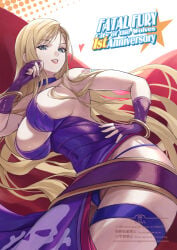 1girl b._jenet bare_shoulders belt big_breasts blonde_hair blue_eyes bracelet bracelets breasts cleavage commentary_request covered_navel cowboy_shot dress ema_(emaura) fatal_fury fatal_fury:_city_of_the_wolves fingerless_gloves flower_tattoo gloves heart highres large_breasts long_hair purple_dress purple_gloves red_lips shoulder_tattoo snk solo star_(symbol) tattoo thigh_strap watermark