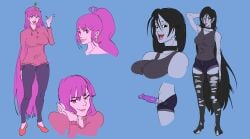 1futa 1girls adventure_time balls big_breasts big_penis blue_skin breasts clothed clothing color condom duo erection female fully_clothed futanari humanoid humanoid_penis marceline penis pink_skin princess_bubblegum reference_sheet standing tagme uselessbegging