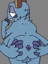 anus ass big_blue_bubble blue_body blue_fur bowgart digital_media_(artwork) fur hi_res horn humanoid looking_at_viewer male monster multi_arm multi_limb my_singing_monsters simple_background solo solo_male unknown_artist video_games zoruken