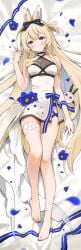 1girl animal_ears bangs bare_shoulders barefoot bed_sheet blonde_hair blue_eyes blue_flower blue_hairband blue_ribbon blue_rose blush breasts dakimakura dress eyebrows_visible_through_hair flower full_body hair_between_eyes hairband indie_virtual_youtuber long_hair looking_at_viewer lying medium_breasts on_back petals ribbon rose solo thigh_strap very_long_hair virtual_youtuber vyugen yenko yenkoes