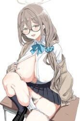 1girls akane_(blue_archive) akane_(school_uniform)_(blue_archive) black-framed_eyewear blue_archive blue_scrunchie blush bow breasts brown_eyes brown_hair cardigan clearite clothes_lift covered_erect_nipples desk female female_pubic_hair glasses hair_over_shoulder halo hand_on_own_chest highres huge_breasts long_hair low-tied_long_hair nipples one_breast_out open_cardigan open_clothes open_mouth panties pubic_hair pussy school_uniform scrunchie semi-rimless_eyewear shirt shoes sitting skirt skirt_lift sleeves_past_wrists socks solo unbuttoned unbuttoned_shirt under-rim_eyewear underwear undressing unworn_panties white_background