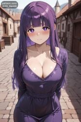 1girls ahq_hentai ai_female ai_generated big_breasts blush cleavage cute cute_face dress female fern_(sousou_no_frieren) outdoors patreon perfect_body sexy sousou_no_frieren stable_diffusion street tagme