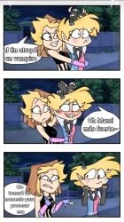 2girls biting_lip blonde_hair blushing comic comic_strip eyes_up female grabbing_from_behind hands_up holding_hands_behind hugging_from_behind lesbian original_character pleasure_face short_hair spanish_text stake surprise_attack surprised vampire_girl vampires_hell yuri