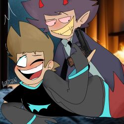 2boys blushing gay gun homosexual lying lying_on_bed male male_only only_male original_character pleasure_face sitting_on_another sitting_on_back sitting_on_person smile vampires_hell