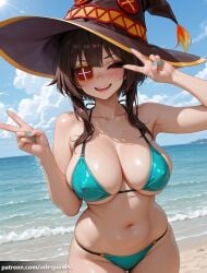 1girl ai_generated alternate_breast_size aqua_bikini aqua_nails arlequin097 bare_arms bare_shoulders beach bikini blue_bikini blue_nails blue_sky blush breasts brown_hair brown_headwear cleavage cloud collarbone covered_nipples cowboy_shot day double_v eyepatch fingernails green_nails halterneck hat kono_subarashii_sekai_ni_shukufuku_wo! large_breasts looking_at_viewer megumin nail_polish navel ocean open_mouth outdoors red_eyes short_hair_with_long_locks skindentation sky smile solo starfish stomach string_bikini swimsuit teeth thigh_gap underboob v v_over_eye water wet witch_hat
