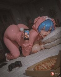 1girl ai_generated aisinful ass big_ass big_boobs big_butt blue_hair blush breasts butt character_doll controller female gun hair_ornament hi_res hood hood_up hoodie indoors large_breasts medium_breasts nipples pajamas pillow pink_hoodie plant potted_plant re:zero_kara_hajimeru_isekai_seikatsu recording rem rem_(re:zero) short_hair solo thick_thighs top-down_bottom-up weapon wide_hips x_hair_ornament