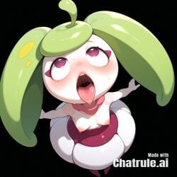 ahegao_face ai_assisted ai_generated detailed_face flora_fauna green_hair high_angle huge_eyes long_hair naked petite_breasts purple_eyes small_breasts source_anime steenee visible_breasts visible_nipples white_arms white_head
