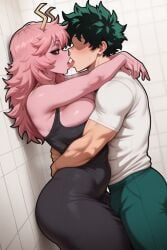 1boy 1boy1girl 1girls ai_generated arms_around_neck arms_around_partner arms_around_waist ass bathroom big_ass boku_no_hero_academia breasts female green_hair izuku_midoriya kissing mina_ashido my_hero_academia pink_hair pink_skin tongue tongue_kiss waifuinvoker waist_grab