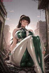 1girl ai_generated bangs bare_shoulders black_hair blunt_bangs breasts brown_eyes eve_(stellar_blade) hi_res high_quality high_resolution kiraamane large_breasts long_hair looking_at_viewer nail_polish patreon ponytail seductive sexy shiny_clothes sitting sky smile solo stellar_blade thick_thighs thighs uncensored watermark