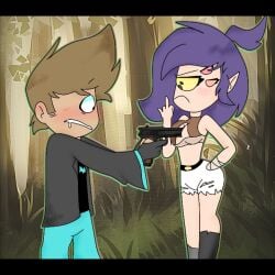 1boy1girl annoyed_expression between_breasts blushing blushing_male breasts cutout_shirt female gun gun_between_breasts handless hypnotized_male male middle_finger object_between_breasts original_characters purple_hair purple_hair_female saliva_drip vampires_hell