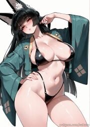 1girls ai_generated animal_ear_fluff animal_ears areola_slip bangs bikini black_bikini black_hair blunt_bangs blush breasts cleavage collarbone contrapposto cowboy_shot fox_ears green_jacket hand_on_hip highleg highleg_bikini hoshimi_miyabi jacket large_breasts long_hair long_sleeves looking_at_viewer navel o-ring o-ring_bikini open_clothes open_jacket red_eyes sakaro simple_background solo swimsuit thighs white_background wide_sleeves zenless_zone_zero