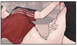 2boys arm_tattoo auebumbum black_shirt brown_hair drool drool_on_face drooling faceless_character faceless_male fucked_silly gay red_shirt stomach tattoo tattoo_on_arm tattooed_arm thrusting twink yaoi