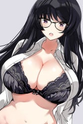 1girls black_bra black_hair blush bow bow_bra bra breasts cleavage commentary daijoubu?_oppai_momu?_(meme) dutch_angle glasses hayami_megumi_(urabanasimati) highres huge_breasts long_hair looking_at_viewer meme navel open_clothes open_mouth open_shirt original purple_eyes shirt simple_background solo stomach textless_version underwear upper_body urabanasimati white_background white_shirt