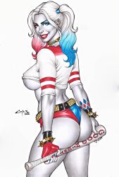 1girls 2022 ass baseball_bat batman_(series) big_ass big_breasts carlos_braga cheeky_panties colored_hair dc dc_comics dc_extended_universe ed_benes_studio female female_ass female_only half_dressed harley_quinn holding_baseball_bat looking_at_viewer looking_back multicolored_hair panties short_shorts slutty_outfit smile smiling solo suicide_squad two_tone_panties underboob underwear