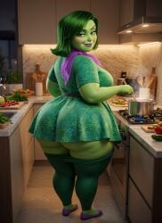 ai_generated big_breasts big_butt cooking disgust_(inside_out) dumptruck_ass green_eyes green_hair green_skin lipstick looking_at_viewer pear_shaped_female smirk