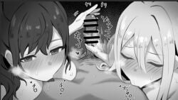 1boy 2girls asahina_mafuyu blush female ffm_threesome handjob looking_at_viewer male monochrome penis pov project_sekai shiwakucha_kintama sucking_nipples threesome yoisaki_kanade