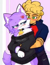 ai_generated anthro bedroom_eyes blonde blonde_hair blue_eyes blush breasts cute female from_behind green_eyes hugging hugging_from_behind human human_on_anthro interspecies kit_community light-skinned_male light_skin male male/female nori_kitty romantic romantic_ambiance romantic_couple smirk smirking
