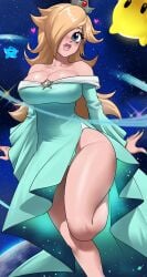 1girls 2022 absurd_res blonde_hair blue_eyes breasts clothed clothed_female echosaber female hips large_breasts long_hair luma mario_(series) nintendo outdoors princess_rosalina side_slit slim_waist smile solo space stars super_mario_galaxy thick_thighs thighs wide_hips