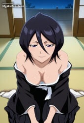 1girl ai_generated anime anime_style bare_shoulders black_hair black_kimono bleach bleach:_the_thousand-year_blood_war breasts cleavage collarbone downblouse hair_between_eyes hentai hi_res indoors japanese_clothes kimono kuchiki_rukia looking_at_viewer medium_breasts mystic_maidens naughty_face night no_bra off_shoulder parted_lips patreon patreon_username purple_eyes rukia_kuchiki seductive_smile short_hair sitting smile solo tatami watermark web_address