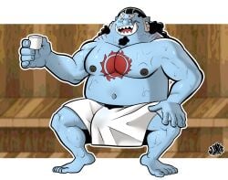 beverage bodily_fluids bulge fish fish-men_(one_piece) flaccid hi_res hunter-husky jinbe male_only marine nanothehedgehog one_piece sauna shark solo solo_male sweat towel