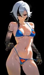 1female 1girl 1girls ai_assisted ai_generated arlecchino_(genshin_impact) bikini bikini_bottom bikini_top black_hair camel_toe cameltoe dc dc_comics genshin_impact multicolored_hair print_bikini print_panties solo solo_female solo_focus superman_(cosplay) superman_(series) superman_logo sweat sweating sweaty sweaty_body thong thong_bikini white_hair x_eyes