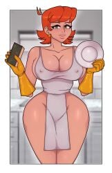 1girls 2022 apron apron_only big_breasts breasts cleavage cuteemmy dexter's_laboratory dexter's_mom ear_piercing earrings female female_only gloves green_eyes hair handwear hips holding_object holding_plate holding_sponge lips mature mature_female mature_woman milf mother naked_apron nipple_bulge orange_hair parted_lips plate short_hair solo solo_female sponge thick_thighs thighs transparent_border white_apron wide_hips yellow_gloves