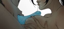 2girls after_oral anonymous_female arcane arcane_caitlyn big_breasts caitlyn_(league_of_legends) caitlyn_kiramman close-up color colored face_out_of_frame female female/female female_only freckles glowing_dildo hexstrap holding_breasts kahelmoan league_of_legends lesbian light-skinned_female light_skin paizuri ponytail purple_hair saliva saliva_string saliva_trail strap-on strapon yuri